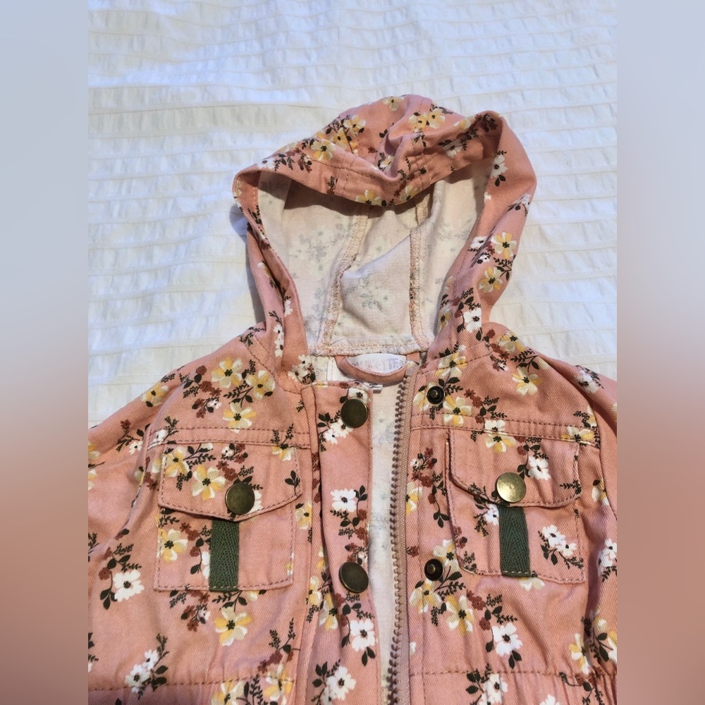 Nannette Baby 18 MO Pink Hooded zip up Floral Cotton Raincoat light Jacket - Picture 3 of 9